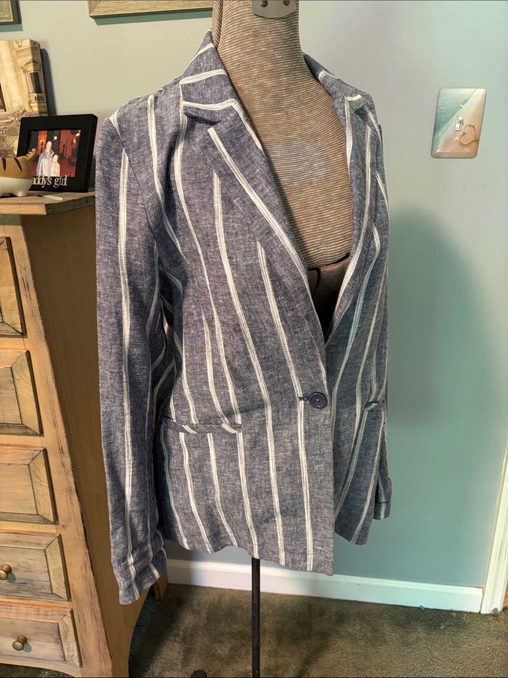 DREW Blue and White Striped Linen Single Breasted Jacket